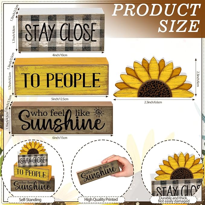 Lineshading 4 Pcs Sunflower Wooden Block Signs Farmhouse Tabletop Decor | Rustic Tiered Tray Decor for Home, Indoor Summer Table Decorations with Inspirational Quote, Farmhouse Gift