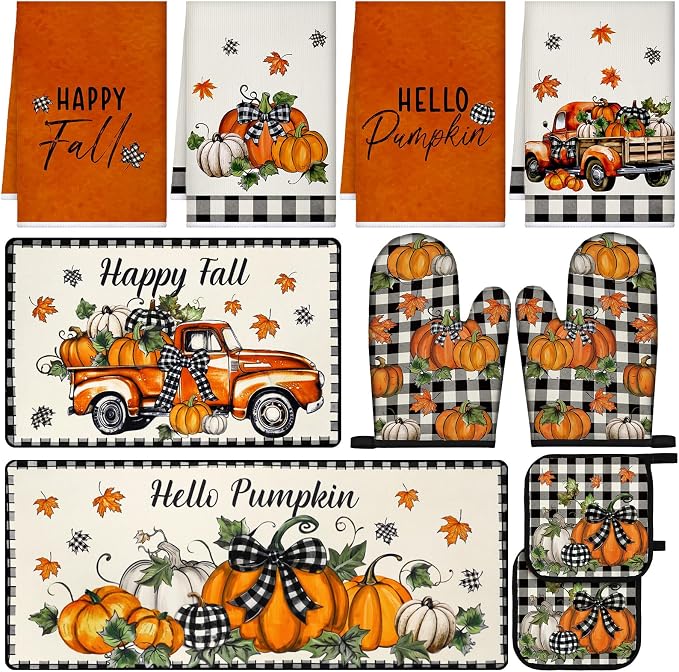 Fanfanwin 10 Pcs Fall Pumpkin Kitchen Decor and Accessories Set Pumpkin Kitchen Rugs Towels Pot Holders Oven Mitts Set for Autumn Baking Cooking BBQ Gift