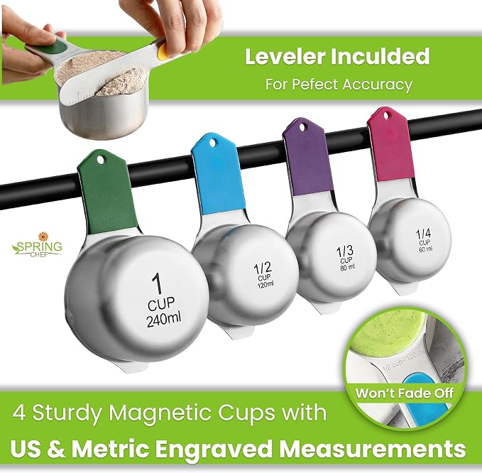 Spring Chef Magnetic Measuring Cups & Spoons Set of 9, Patented, Multicolor | Nesting Stainless Steel Measuring Cups & Heavy Duty Metal Measuring Spoons with Levelers for Dry & Liquid Ingredients