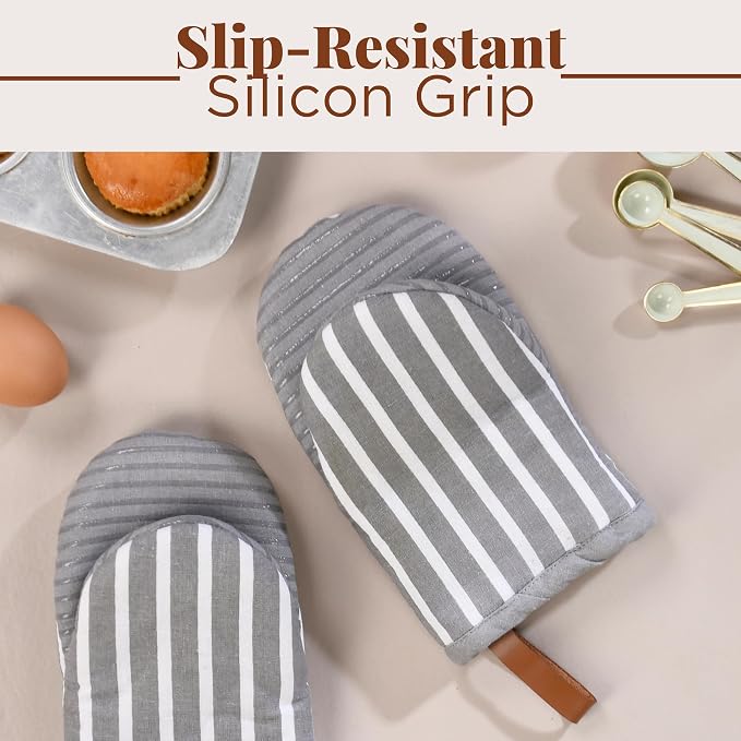Folkulture Oven Mitts, Striped Gray, Set of 2, Heat Resistant - (5.75"x9") | 100% Cotton, Non Slip, Silicone, Cute Striped Mini Mits with Hanging Loop, Kitchen Décor, Cooking Gifts, New Home Essentials