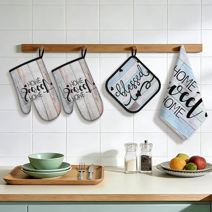 8 Pcs Kitchen Decor Accessories Set Farmhouse Towels Pot Holders Oven Mitts Set 4 Dish Towels 2 Potholders 2 Cooking Mittens Oven Glove for Mother’s Day Baking Cooking(Brown Green,Kitchen)
