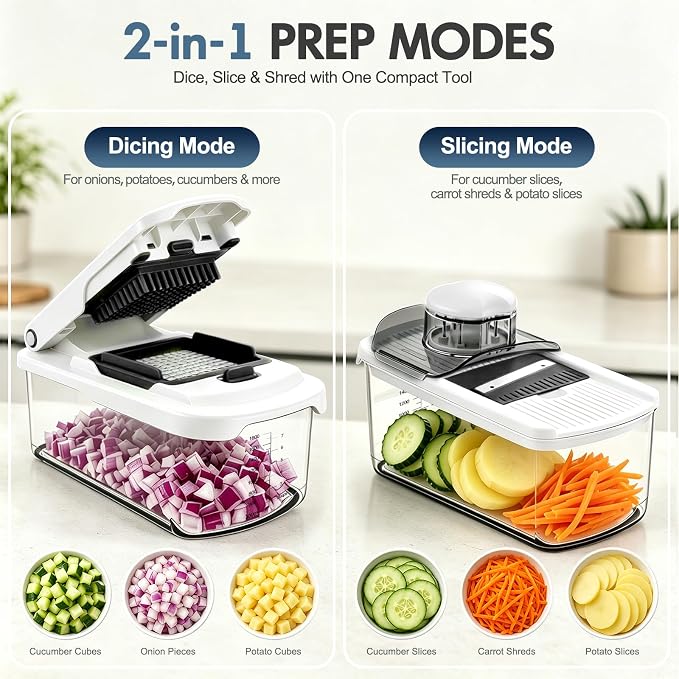 Ourokhome Food Chopper with Container, Manual Mandolin Vegetable Slicer Onion Dicer with 8 Blades, Hand Veggie Shredder for Potato, Tomato, Essential Kitchen Gadgets (8 in 1, White)