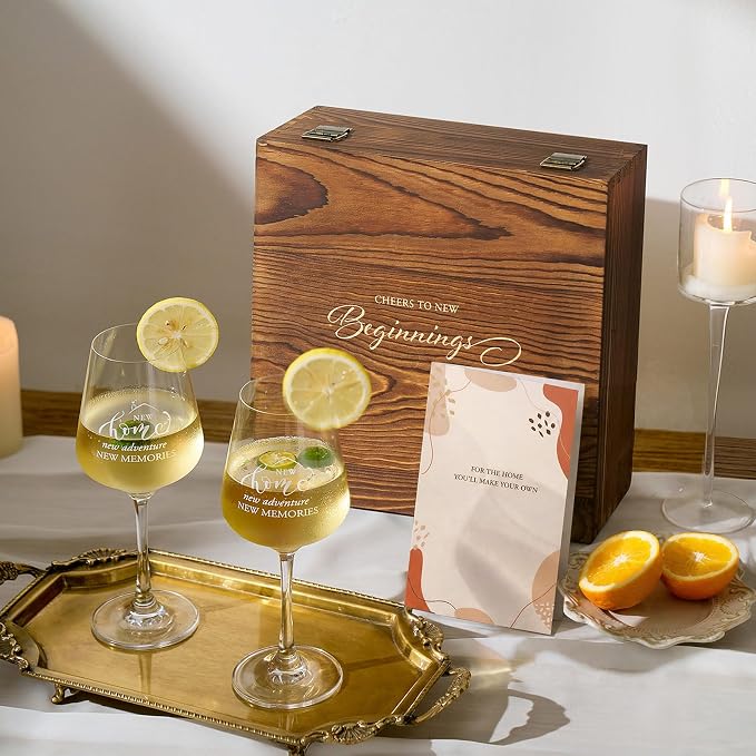 AW BRIDAL House Warming Gifts New Home Wine Glasses with Wood Keepsake Box | 2026 Closing Gift for Home Buyers and Homeowner, New Apartment Gift Basket for Couple, First House Present for Newlyweds