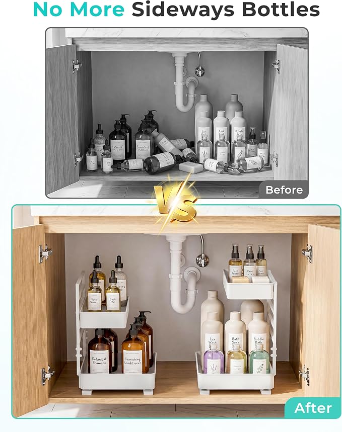 EVERIE Height Adjustable 2 Tier Metal Pull Out Slide Shelf Organizer for Framed or Frameless Under Sink Cabinets in Kitchen, Bathroom, with Snap-on Top Tray (White, 2 Sets)