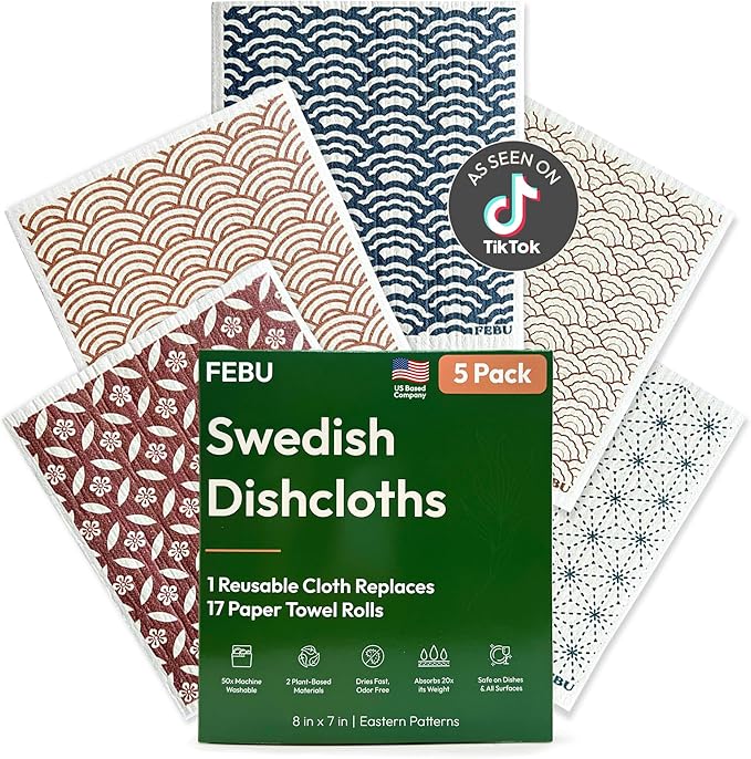 Swedish Dishcloths for Kitchen, 5 Pack, Eastern | Reusable Paper Towels Washable, Swedish Dish Towels, Non-Scratch Cellulose Sponge Cloths, No Odor