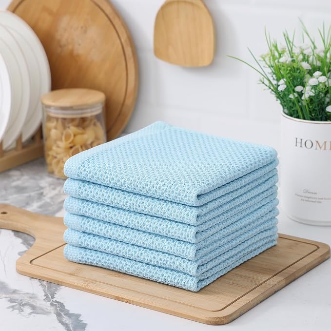 Kitinjoy 100% Cotton Waffle 6-Pack Kitchen Towels, 12" x 12", Sky Blue | Ultra Absorbent, Super Soft, lightweight, Quick Drying Dish Rags for Washing Dishes