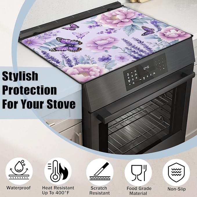 Purple Flowers Glass Top Stove Cover Protector,Watercolor Butterfly Heat Resistant Stove Top Cover, Large Size Range Covers for Electric Stove Countertop Mat, 28 x 20 Inch