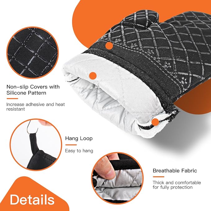 Philorn Oven Mitts and Pot Holders Kitchen Oven Glove | High Heat Resistant 260℃ Extra Long Oven Mitts and Potholder with Non-Slip Silicone Surface for Baking, Cooking, BBQ (Black)