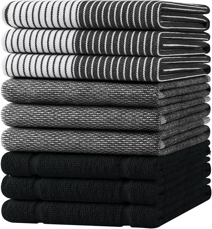 Homaxy 9 Pack Cotton Terry Premium Kitchen Towels, 18 x 28 in, Black | Large 380 GSM Dish Towels, Highly Absorben Flat & Terry Kitchen Hand Towels, Soft Utility Tea Towel Set with Hanging Loop