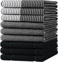 Homaxy 9 Pack Cotton Terry Premium Kitchen Towels, 18 x 28 in, Black | Large 380 GSM Dish Towels, Highly Absorben Flat & Terry Kitchen Hand Towels, Soft Utility Tea Towel Set with Hanging Loop