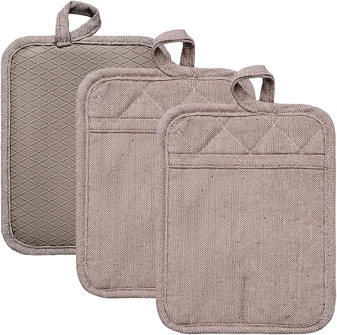 Pot Holders Yarn-Dyed Set of 3 Non Slip Silicone Kitchen Lines | Heat Resistant 500℉ Kitchen Gloves BBQ Cooking Baking Women Men Cooking Barbecue Microwave Machine Washable (Khaki potholder)