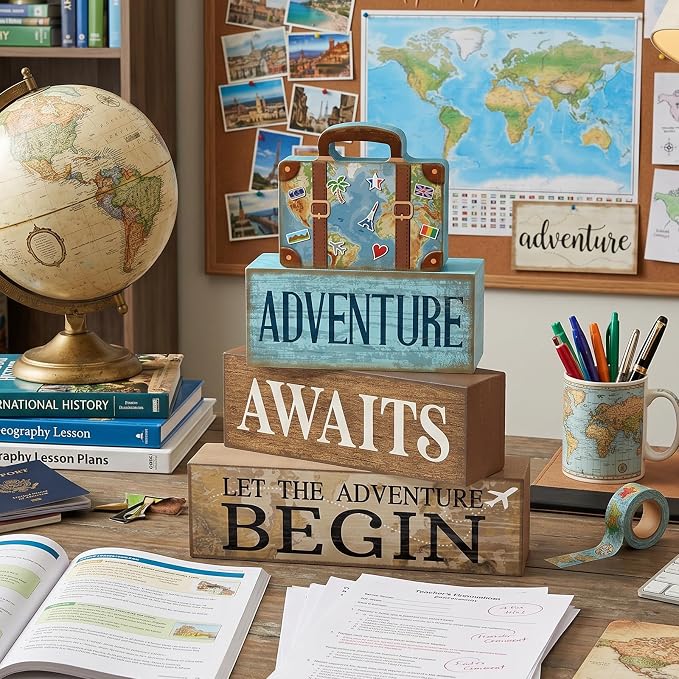 Lineshading Pcs Travel Party Decoration Vintage Adventure Await Table Decor | Stackable Rustic Decor, Bon Voyage Party Centerpiece, Luggage Design, Tiered Tray Decorations, Travel Retirement Gift