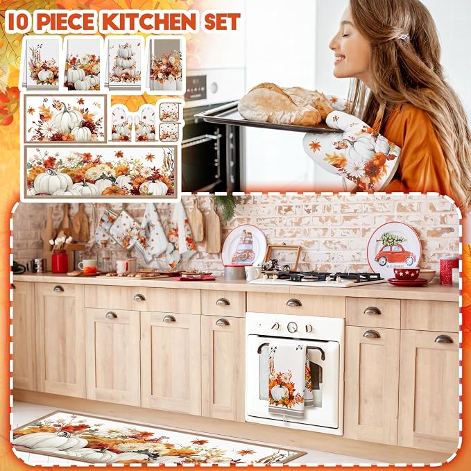 Fourluoo 10 Pcs Fall White Pumpkin Kitchen Decor Set White Pumpkin Rugs Towels Oven Mitts and Pot Holders Farmhouse Kitchen Decor Set for Gift Cooking Baking Grilling