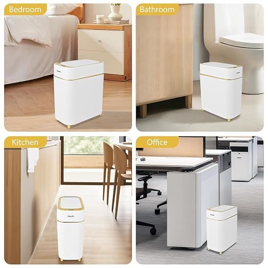 Pukomc 2.3 Gallon / 9L Automatic Adsorption Sensor Trash Can | White Gold Motion Sensor Garbage Bin with Suction, Slim Fashionable Design for Kitchen, Bathroom, Office & Small Space