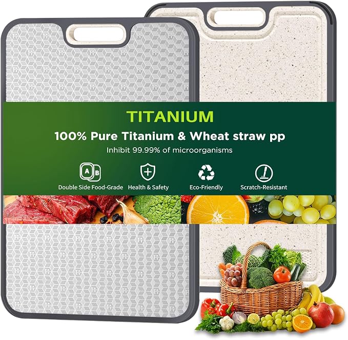 Titanium Cutting Board for kitchen, Dual Sided Food Grade Titanium & Wheat Straw PP, Non Slip Scratch Resistant Easy Clean, 15.5" x 10.5" (black)