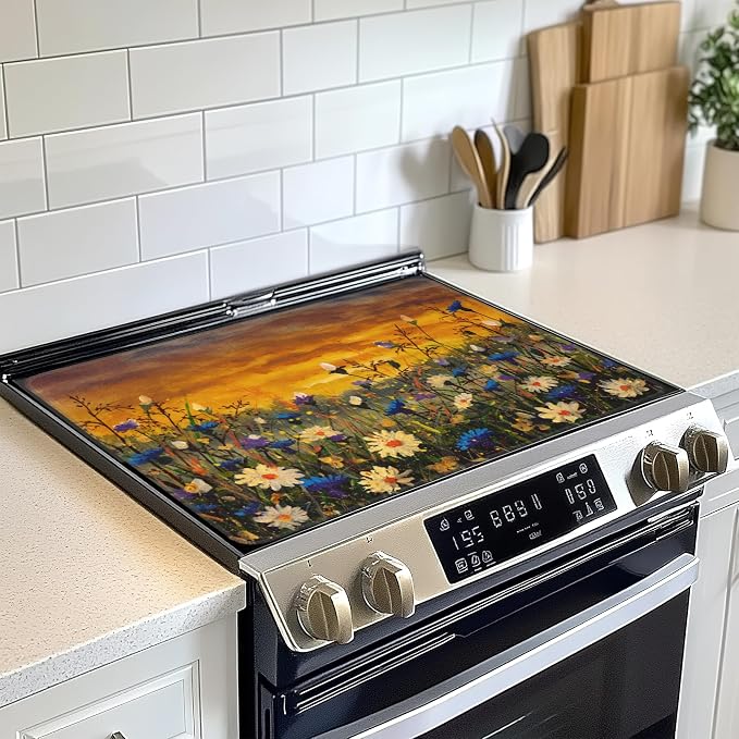 Electric Stove Top Cover Protector,Watercolor Daisies Flowers Glass Flat Top Stove Mat,Heat-Resistant Oven Induction Cooktop Mat for Ceramic Countertop Mats Dish Drying Mat