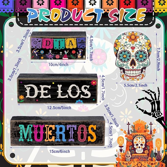 Lineshading 4 Pcs Day Of The Dead Table Decorations Sugar Skull Decor | Rustic Dia De Los Muertos Decor for Farmhouse Tabletop Tiered Tray, Stacked Blocks for Halloween Party Home Shelf Decoration