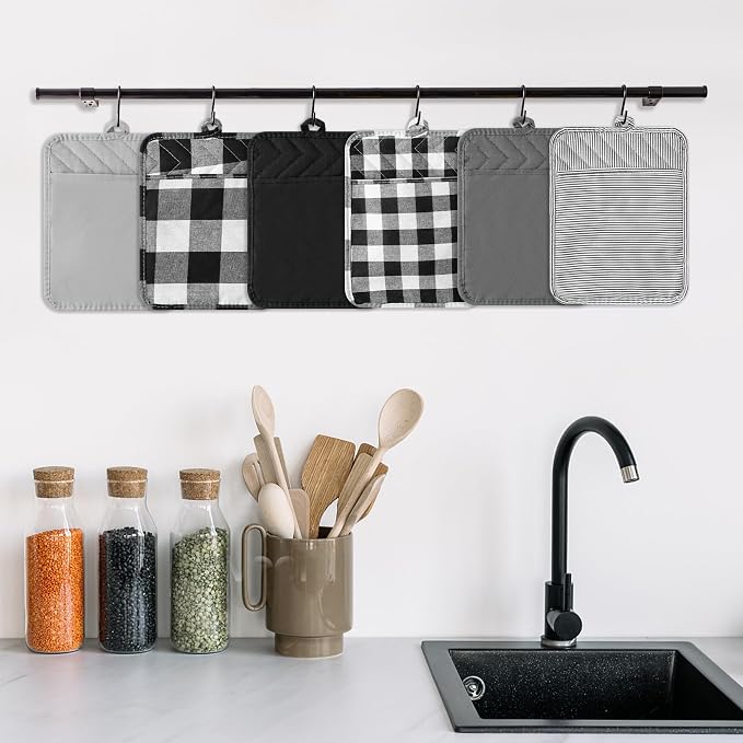 R HORSE 6 Pack Black Gray Check Pot Holders with Pocket, 7''x 9'' | Cotton Plaid Kitchen Potholders, Heat Resistant Oven Mitts, Non-Slip Hot Pads Terry Cloth, Ideal for Cooking, Baking