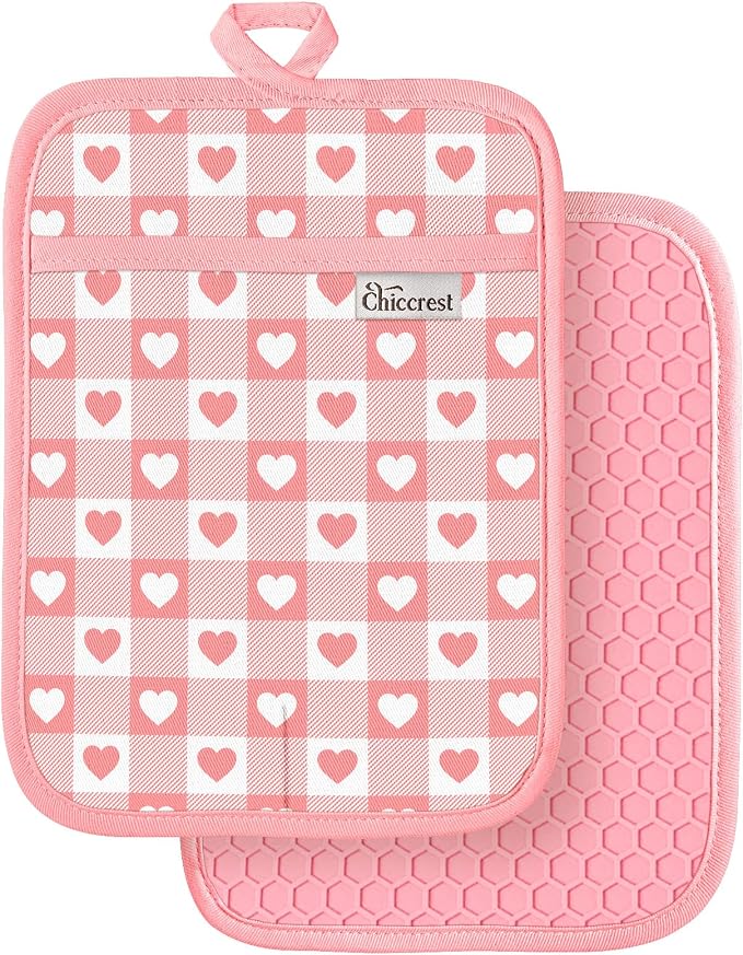 100% Cotton Pot Holders Textured Soft Silicone Pink Gingham | Stylish Pot Holders 2pcs, Machine Washable Non-Slip Heat Resistant Hot Pads & Oven Mitts 2-in-1, Practical Kitchen Decor