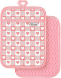 100% Cotton Pot Holders Textured Soft Silicone Pink Gingham | Stylish Pot Holders 2pcs, Machine Washable Non-Slip Heat Resistant Hot Pads & Oven Mitts 2-in-1, Practical Kitchen Decor