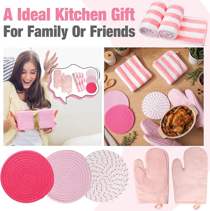 Zubebe Pink Oven Mitts and Pot Holders with Kitchen Towels Set of 7, Valentine's Day Gift for Women Heat Resistant Oven Gloves Kitchen Hand Towels Hot Pads for Cooking Baking(Heart)