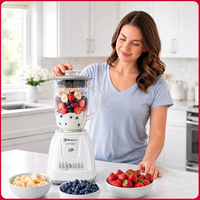 Koblenz LKM-5510 PB Countertop, Stainless Steel Blades, Plastic Jar, 42 oz | 500W Motor, 10 Speed + 2 Pulse, Stainless Steel Blades, Metal Coupling, Smoothie Blender, Blender for Kitchen, White, Durable