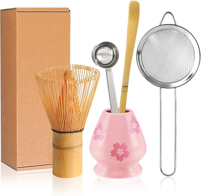 YIBO Matcha Whisk Set, Matcha Making Kit Bamboo Whisk (Chasen), Pink Printing Ceramic Whisk Holder Stand, Sifter, Scoop Japanese Tea Tools For Ceremony Gift