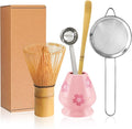 YIBO Matcha Whisk Set, Matcha Making Kit Bamboo Whisk (Chasen), Pink Printing Ceramic Whisk Holder Stand, Sifter, Scoop Japanese Tea Tools For Ceremony Gift
