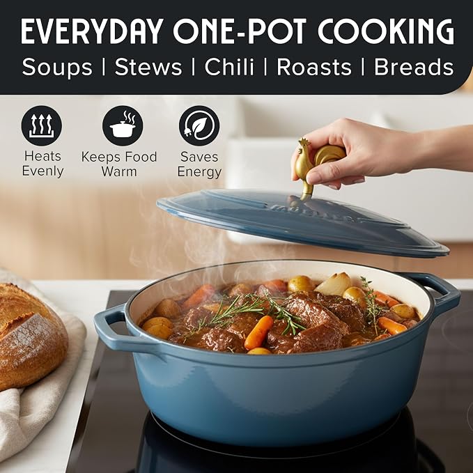 MUELLER HOME 5.5 Quart Enameled Cast Iron Oval Dutch Oven w Rooster Knob & Cotton Potholders, Heavy-Duty Cookware, Oven-Safe up to 500° F & Across All Cooktops, Gifts for Grandma & Women, Mineral Blue | w Rooster Knob & Cotton Potholders, Heavy-Duty Co...