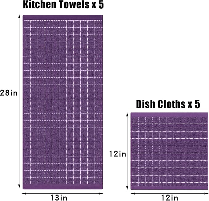 Homaxy Kitchen Towels and Dishcloths Set, Set of 10, Purple | Bulk Cotton Terry Kitchen Towels, Checkered Designed, Soft and Super Absorbent Dish Towels, 12 x 12 and 13 x 28 Inches