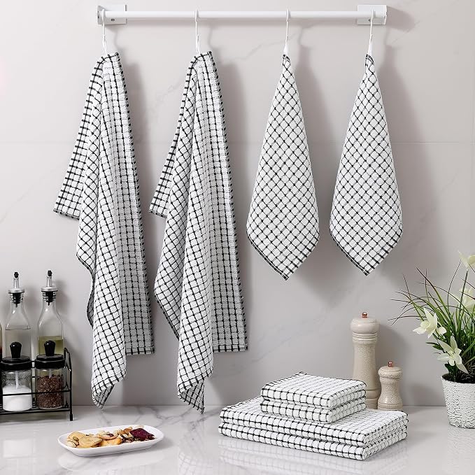Homaxy Kitchen Towels and Dishcloths Set, Set of 12, Black | Cotton Terry Kitchen Dish Towels, Super Soft and Absorbent Dish Cloths, 16 x 25 and 12 x 12 Inches