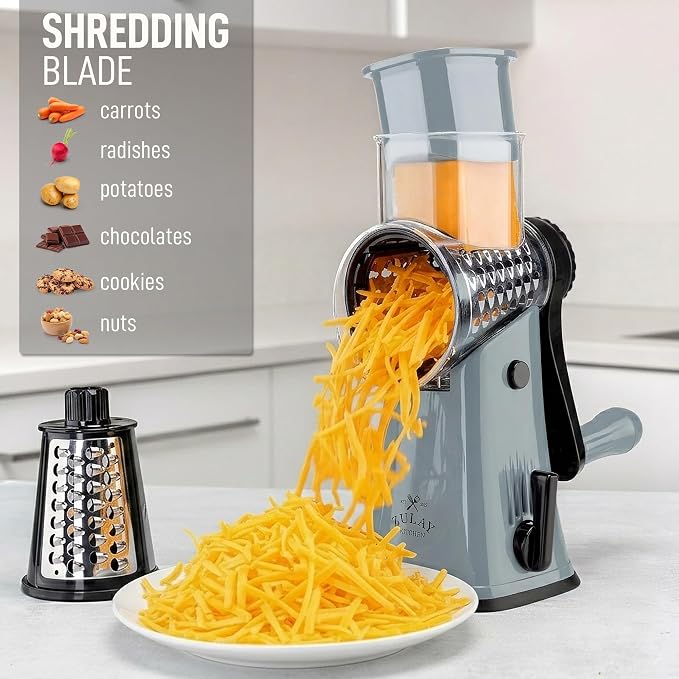 Zulay Kitchen Rotary Cheese Grater 5 Blade Cheese Shredder - Manual Hand Crank Cheese Grater With Reinforced Suction & 5 Interchangeable Drums - Easy to Use, Vegetable Chopper Round Mandoline Slicer