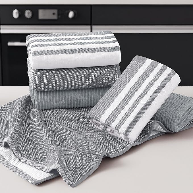 Homaxy Cotton 380 GSM Premium Kitchen Towels, 18"x 28", 9 Pack, Grey | Soft and Absorbent Terry Dish Towels, Multipurpose Tea Towel Set with Hanging Loop, 3 Styles Kitchen Hand Towels