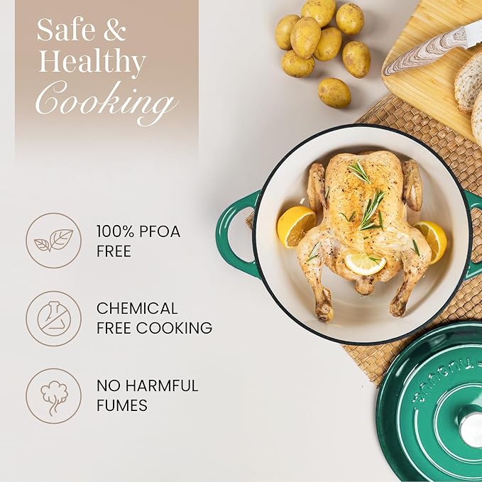 Cast Iron Dutch Oven with Lid - Non-Stick Ovenproof Enamelled Casserole Pot - Sturdy Dutch Oven Cookware - Dark Green, 3.1-Quart, 22cm-by Nuovva