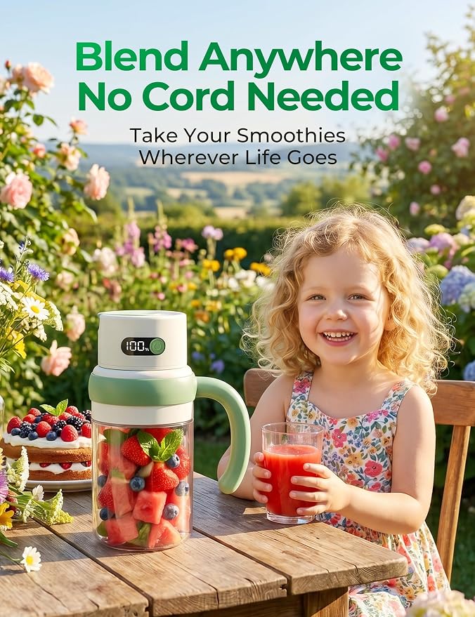 Portable Juicer Blender Cup, USB-C Rechargeable, Green | LED display, cordless use and dual lids for fruit drinks, protein shakes and small ice cubes; 500ml max blending.