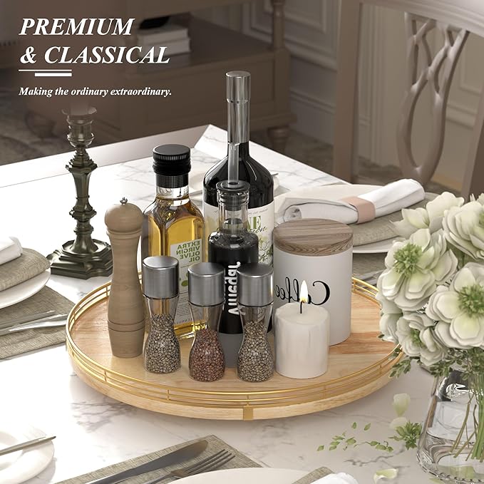 AMH16-Inch Rustic Lazy Susan with Solid Oak Base and Black Iron Rail | Smooth rotating oak tray with walnut finish for dining tables, kitchen counters, pantries and cabinet storage.
