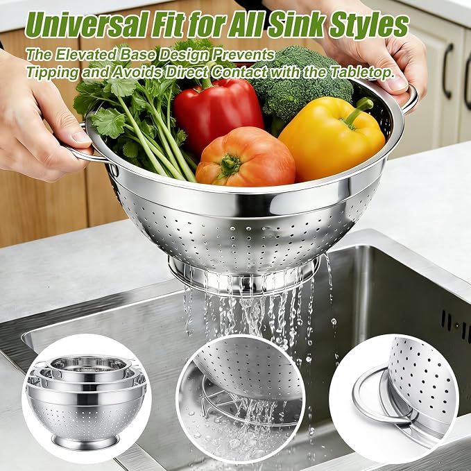 Palksky Stainless Steel Colander Set with Handles & Self-Draining Base, 3 Sizes (7”, 9”, 11”), Heavy Duty Pasta Strainer, Rice & Vegetable Strainer, Countertop Draining System
