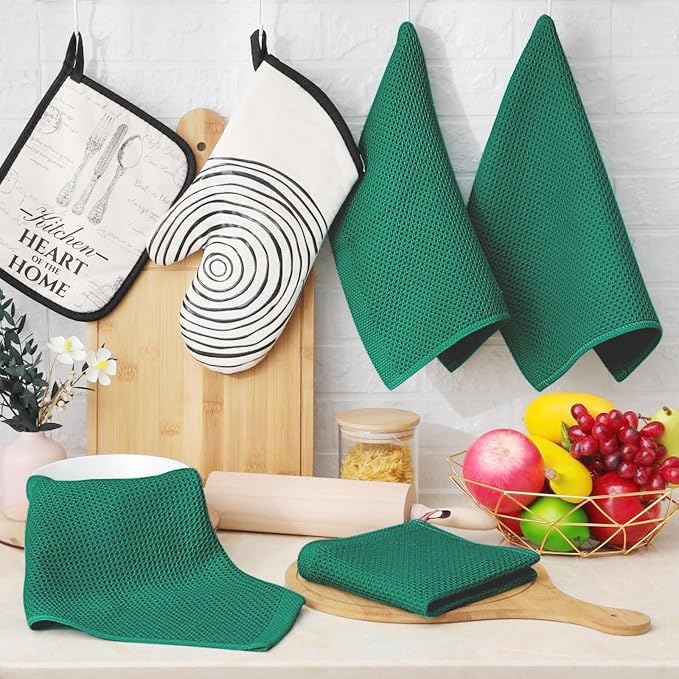 Homaxy 100% Cotton Waffle Weave Kitchen Dish Cloths 24-Pack, Dark Green | 12 x 12 Inches, Ultra Soft Absorbent Dish Towels, Quick Drying Dish Rags with Hanging Loop