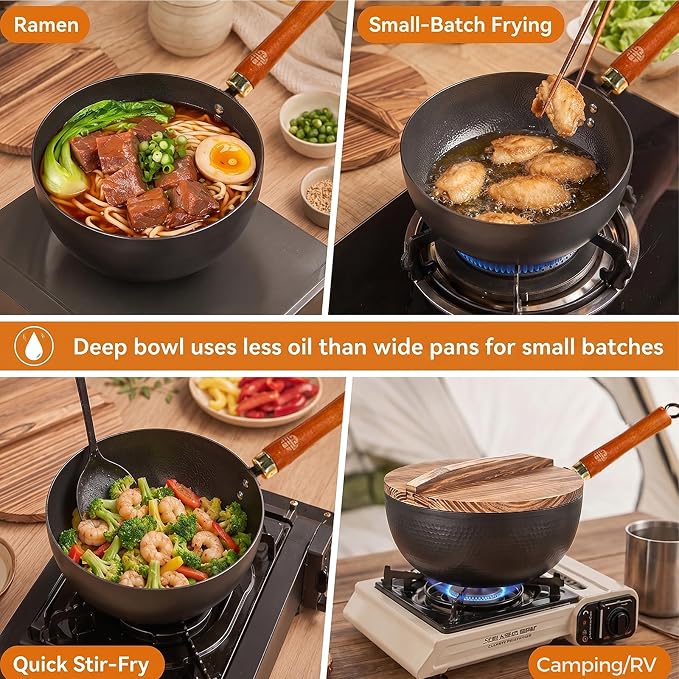 WANGYUANJI Carbon Steel Wok with Lid, 8.7" Small Mini Wok Pan, Thickened Heavy Duty Flat Bottom for Deep Frying, Camping & Solo Meals, Induction Ready, Seasoning Required