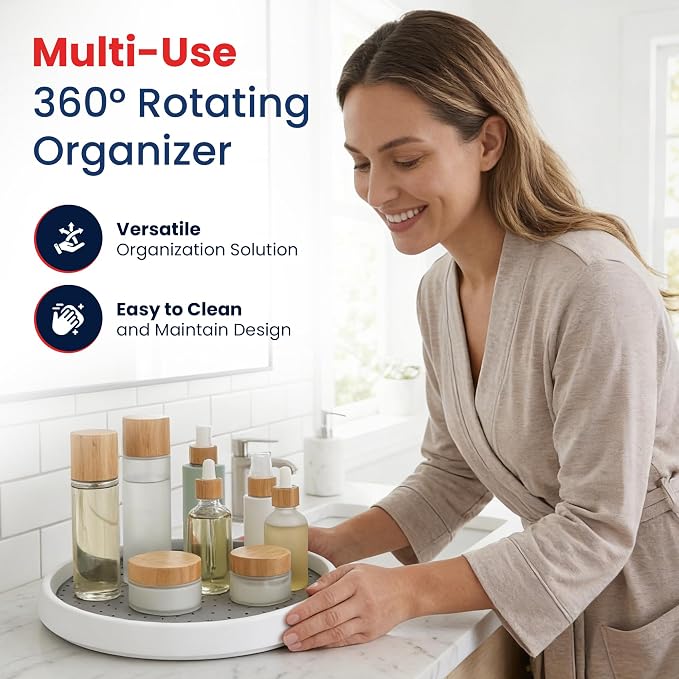 Oizeir Lazy Susan Organizer Set of 4, 10 Inch Non-Skid Turntable for Cabinet, Pantry, Kitchen, Countertop, Fridge, Bathroom – Durable Plastic Rotating Storage Tray, White