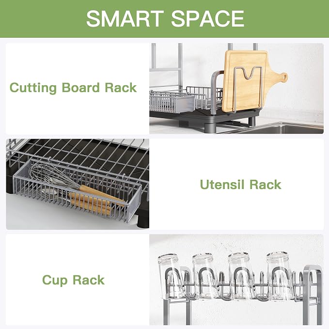 2 Tier Dish Drying Rack and Drainboard Set for Kitchen Counter | Dish Drainer with Drainboard, Cups Holder for Small Kitchen, Space Saving, Rustproof, Auto Drain, Fits for 1-2 People