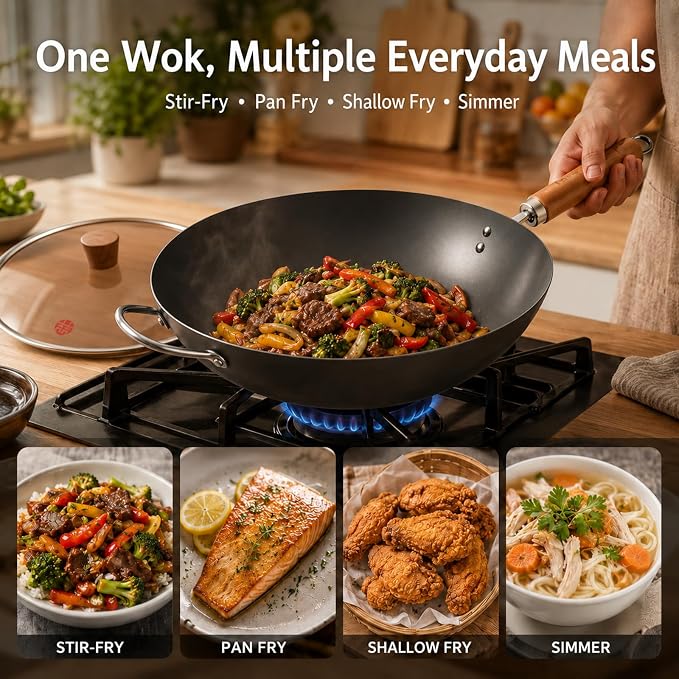 WANGYUANJI Carbon Steel Wok with Lid, 12.6 Inch Flat Bottom Wok Pan, Uncoated Stir Fry Pan with Wooden Handle, Chinese Wok for Gas, Electric, Induction & Ceramic Stoves | Uncoated Stir Fry Pan with Wooden Handle for Gas, Electric, Induction & Ceramic S...