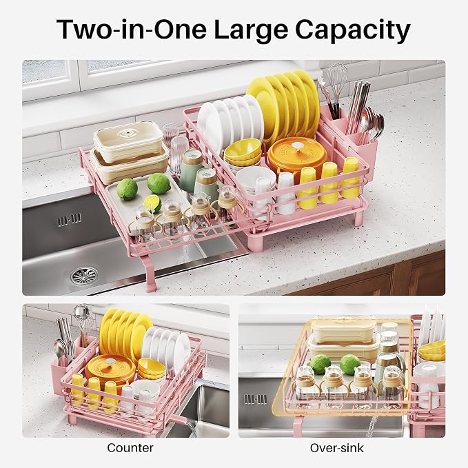 SNTD Expandable Dish Drying Rack for Kitchen Counter, Stainless Steel, Pink | Foldable Over Sink, Large Capacity, Adjust to Fit Most Sinks, Angled Drainboard, Removable Utensil Holder, Slip Resistant