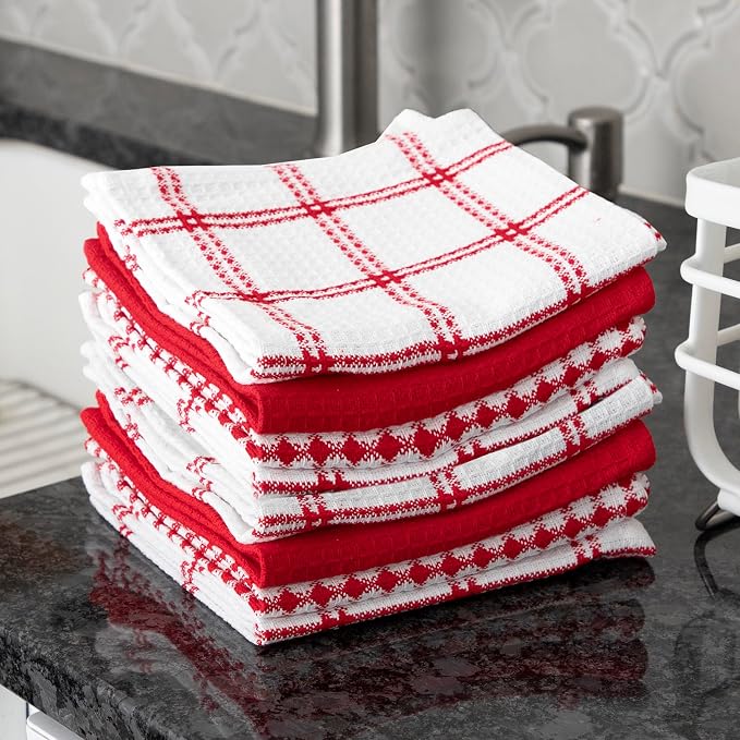 T-Fal Premium Waffle Dish Cloths: Highly Absorbent, Super Soft Long Lasting - 100% Cotton, 12"x13" Towel for Cleaning & Drying, (8-Pack), Red