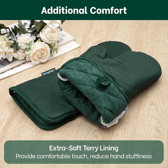 Beneno Heat Resistant 500°F Kitchen Oven Mitts 2-Pack, 7.5"x14.3", Green | Textured Non-Slip Silicone Grip, Extra Long Forearm Protection, Soft Quilted Cotton Terry Lining, Ideal for Baking & Grilling