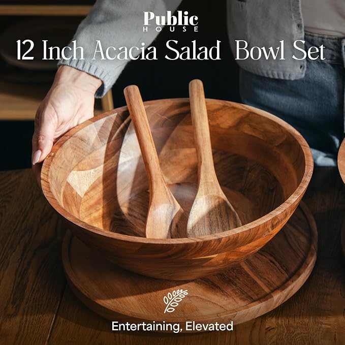 Large Wooden Salad Bowl Set 12.5 Inch with Serving Utensils, Tray Lid and Carry Strap. Acacia Wood Large Salad Bowls Ideal for Fruits and Dishes, Wooden Bowls for Food, Serving Bowl