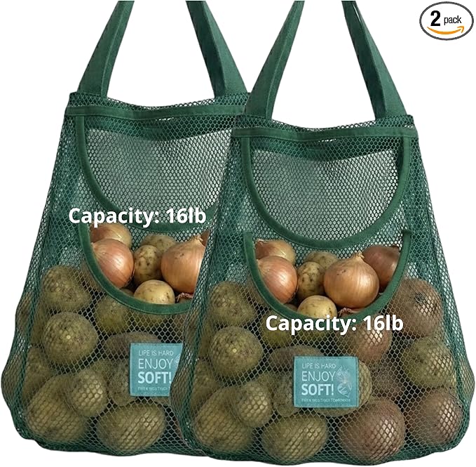Durable Hanging Mesh Bags for Fruit & Vegetables. Reusable, Breathable Storage for Garlic, Potatoes & Pantry. Eco-Friendly Kitchen Organizer & Decor (2 extra large blue bags)