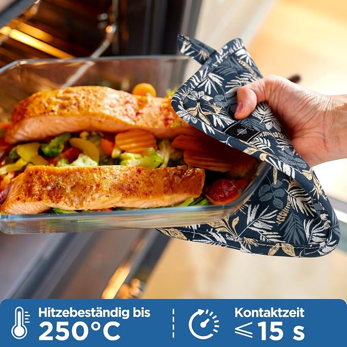 BONTHEE Pot Holders for Kitchen Heat Resistant Hot Pads for Countertops Oven Pot Holders Cotton Potholders for Kitchen Cooking Baking (Blue Leaves)