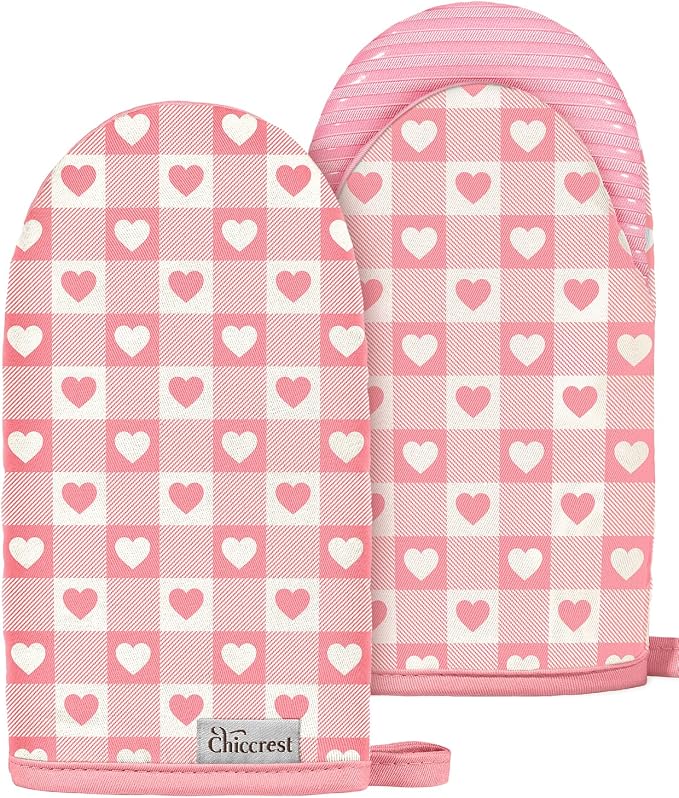 100% Thick Cotton Mini Oven Mitts Silicone Grip Girly Pink Heart | Girly Cute Oven Mitts for Women, Machine Washable, Non-Slip, Reversible Design Fits Both Hands, Stylish Kitchen Decor