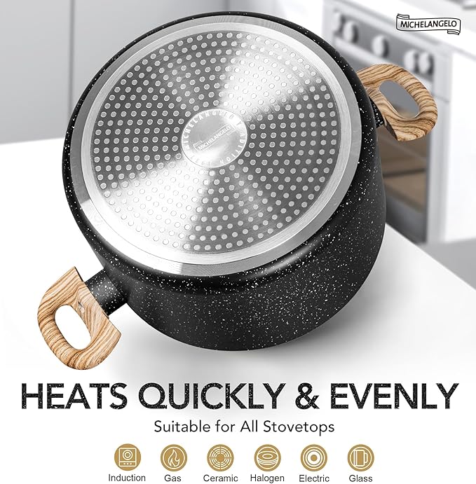 MICHELANGELO 6 Quart Stock Pot with Lid, Nonstick Soup Pot with Lid, 6 Qt Cooking Pot Induction Compatible, Non Stick Pots with Stay-cool Handle, Nonstick Pots for Cooking, Black Granite